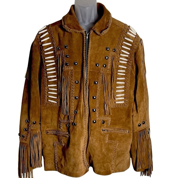 Vintage Real Leather Bone Fringed Men’s Jacket Size XL - Picture 1 of 10